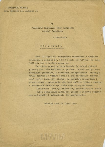 KKE 5562.jpg - Dok. Odwołanie Michała Katkowskiego do Prezydium Miejskiej Rady Narodowej w Ostródzie w sprawie zmniejszenia podatku, Ostróda, 14 VII 1950 r.